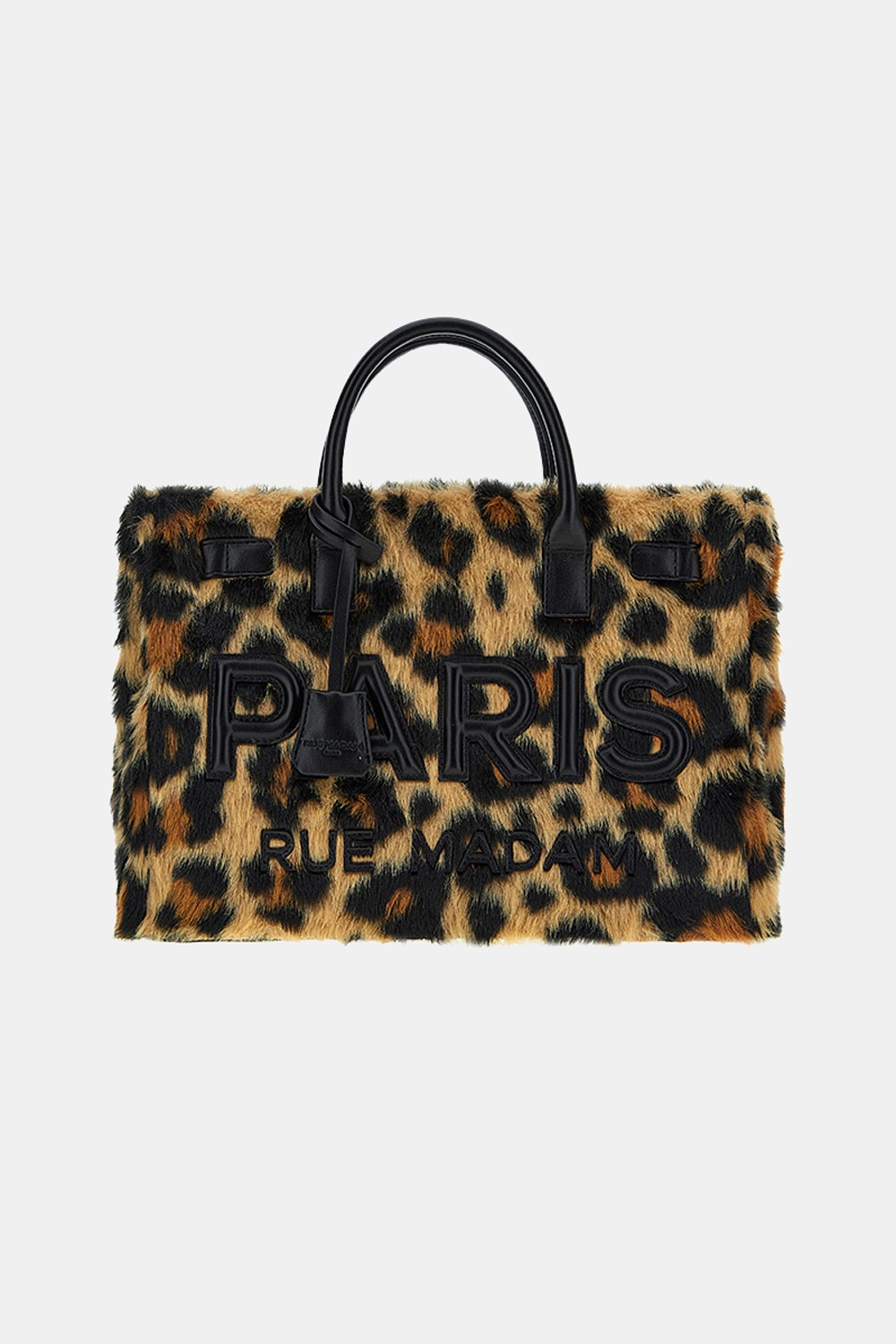 Bolso Dakota Tote Fur Leopard de Rue Madam Paris, diseño audaz con patrón de leopardo y detalles en peluche, ideal para un look elegante.