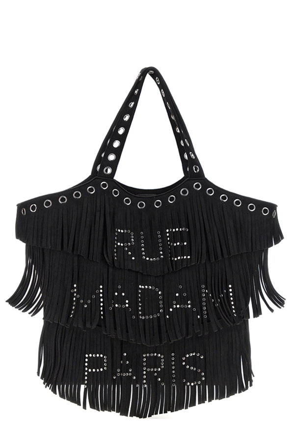 Bolso New Delano Shopping Suede Black de Rue Madam Paris, diseño con flecos y detalles en tachuelas, en efecto ante color negro.