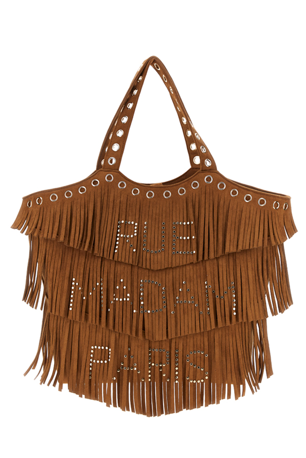 Bolso New Delano Shopping Suede Caramel de Rue Madam Paris, diseño con flecos y detalles en tachuelas, ideal para un estilo bohemio y sofisticado.