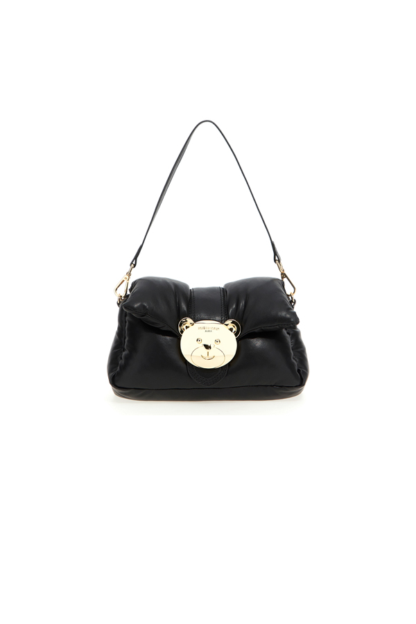 Bolso Puffy It Bag Black de Rue Madam Paris, diseño acolchado en negro con detalle de oso plateado, ideal para un estilo moderno y divertido.