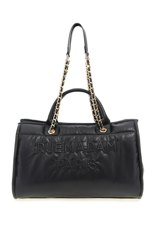 Bolso shopper acolchado negro de Rue Madam Paris con logo en relieve y correa trenzada.