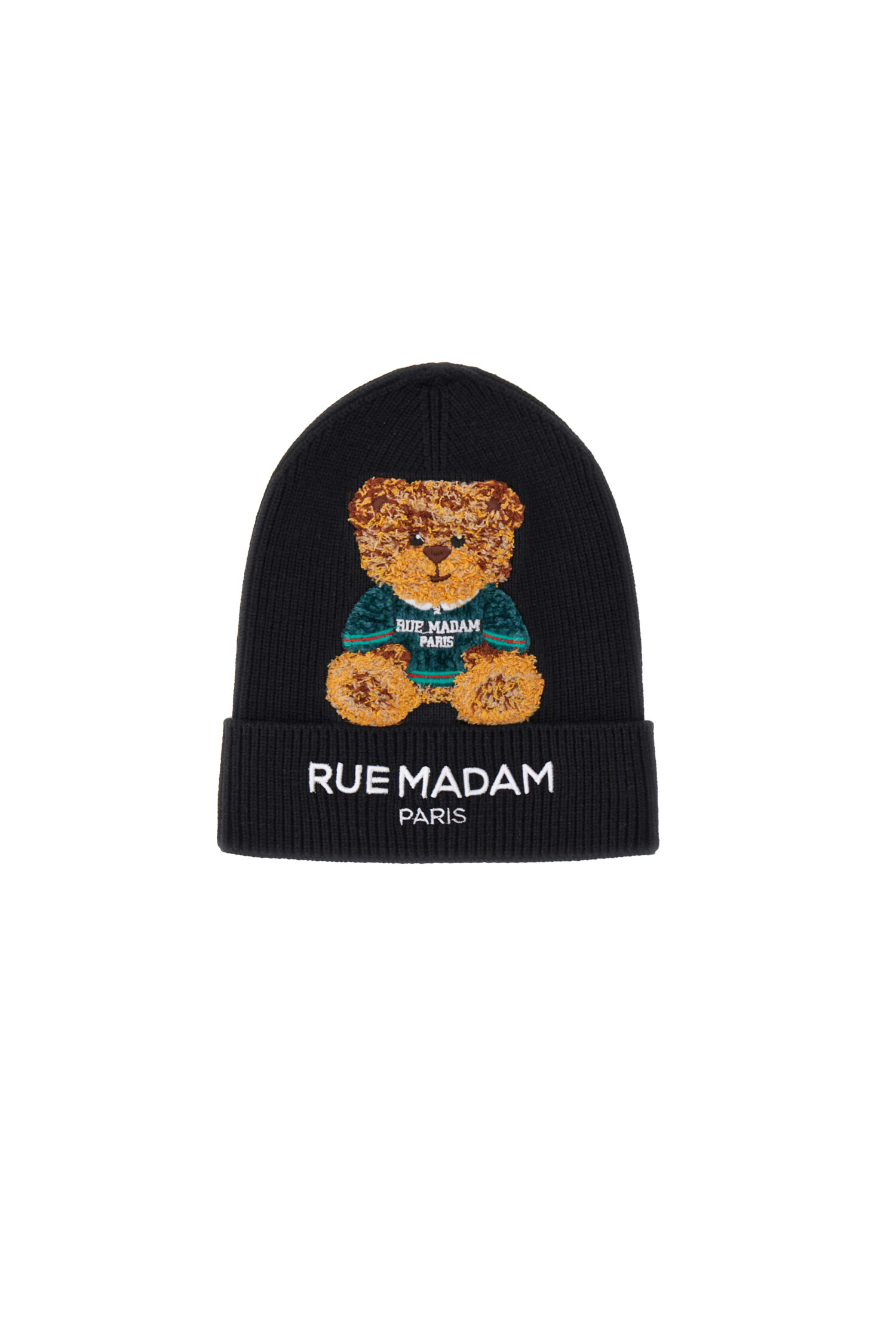 Gorro negro de Rue Madam Paris con bordado y parche de osito de peluche.