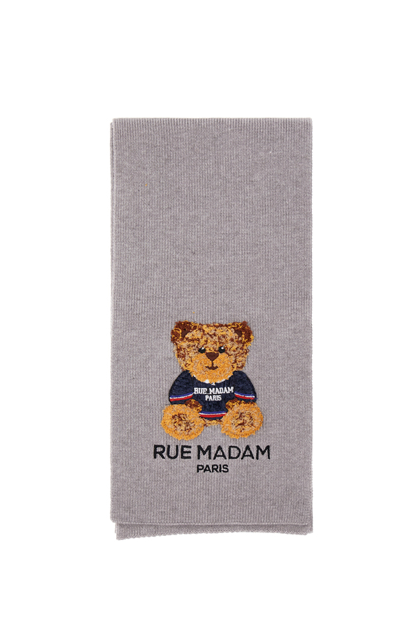 Bufanda gris de Rue Madam Paris con bordado y parche de osito de peluche.