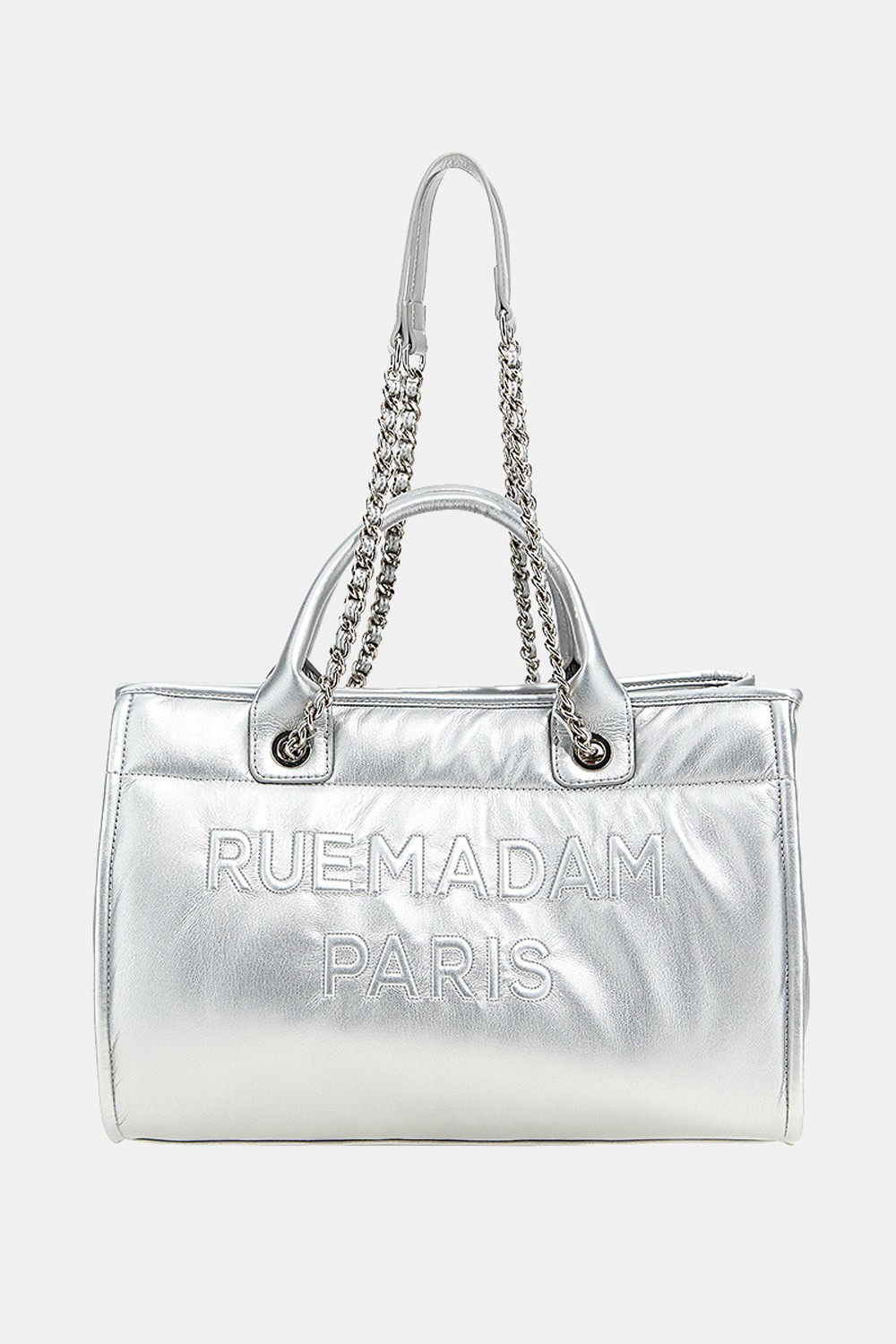 Bolso shopper acolchado plateado de Rue Madam Paris con logo en relieve y correa trenzada.