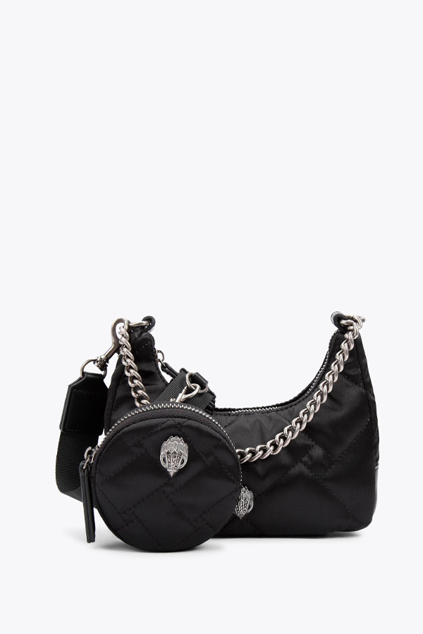 Bolso bandolera pequeño de Kurt Geiger London en color negro, confeccionado con nylon reciclado, con acolchado en patrón de tejido y adornado con un águila de metal negro con detalles de cristal.